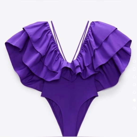 NWT ZARA SWIM Cheeky Purple Ruffle 1 PIECE SM BLOGGER FAVORITE Plunging Neckline - Picture 3 of 16